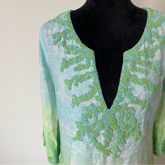 Tashia London Blue Green Ombre Tie Dye Beaded Linen Tunic Top Size Small - Picture 5 of 8